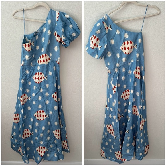 NWT HUNTER BELL CARMEN  One-shoulder Fish Printed Midi Dress SZ US 6 - Picture 4 of 10